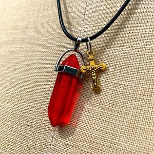 Handmade Blood Red Resin Crystal Amulet Necklace & Christ on Cross Charm